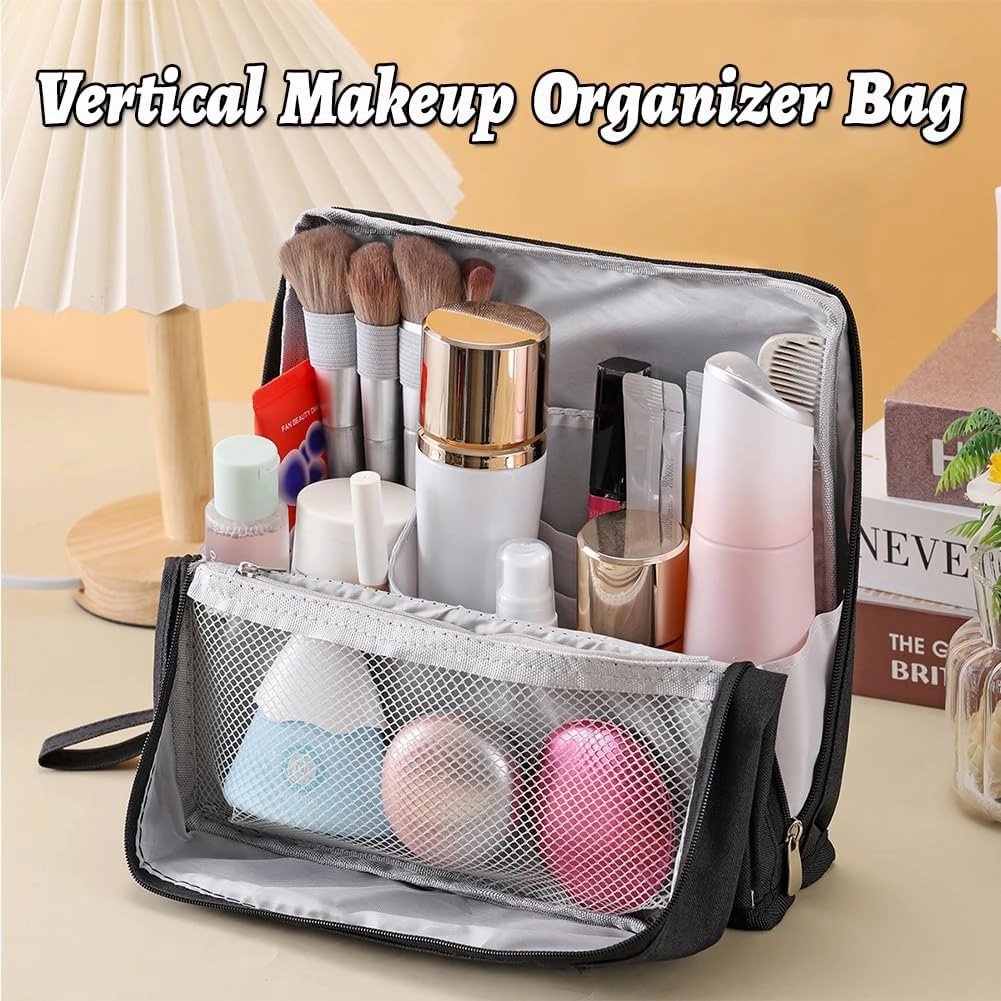 Vertical Makeup Organizer Bag, Relevanton Standing Makeup Bag Portable, Large Capacity, Doresty Standing Makeup Bag Smart Partitioning, Multi-Purpose Oxford Cloth(Black)