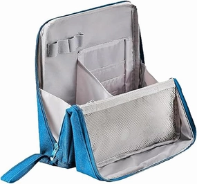 Vertical Makeup Organizer Bag, Relevanton Standing Makeup Bag Portable, Large Capacity, Doresty Standing Makeup Bag Smart Partitioning, Multi-Purpose Oxford Cloth(Navy)