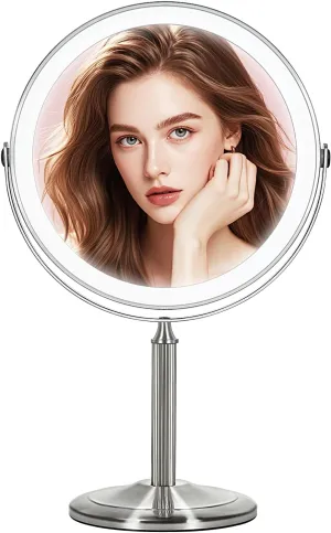 VESAUR 15X Magnifying Mirror with Light, 9" Large 5000mAh Rechargeable Double Sided HD Lighted Makeup Mirror with 3 Touch Dimmable Light, 360° Swivel Detachable for Travel Vanity Mirror Nickel, Gifts