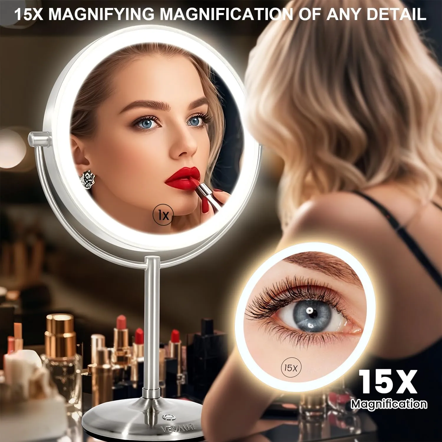 VESAUR 1X15X HD Lighted Makeup Mirror, 9" Large 5000mAh Rechargeable Double Sided Magnifying Mirror with 3 Touch Dimmable Light, 360°Rotation Detachable for Travel Vanity Mirror, Pearl Nickel, Gifts