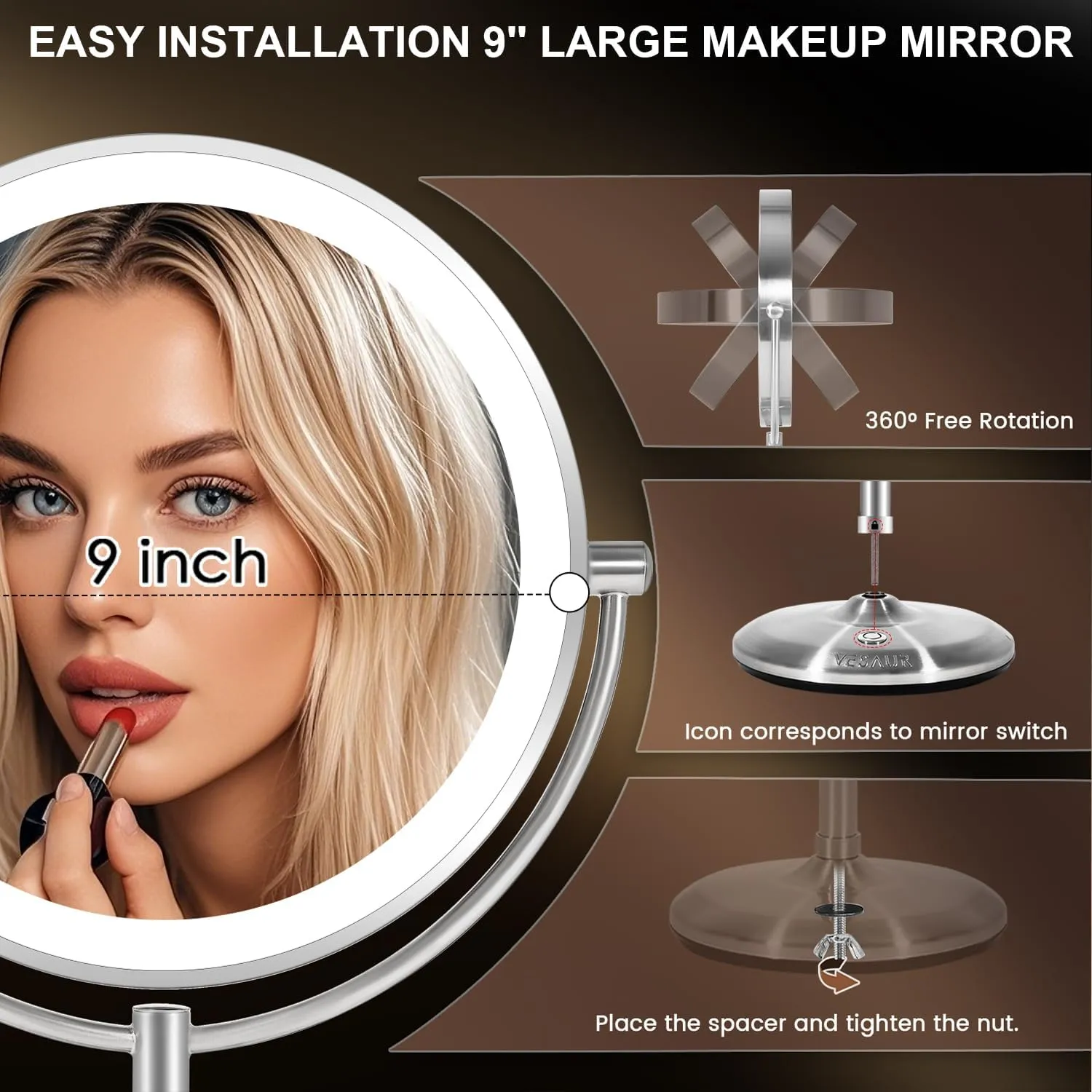 VESAUR 1X15X HD Lighted Makeup Mirror, 9" Large 5000mAh Rechargeable Double Sided Magnifying Mirror with 3 Touch Dimmable Light, 360°Rotation Detachable for Travel Vanity Mirror, Pearl Nickel, Gifts
