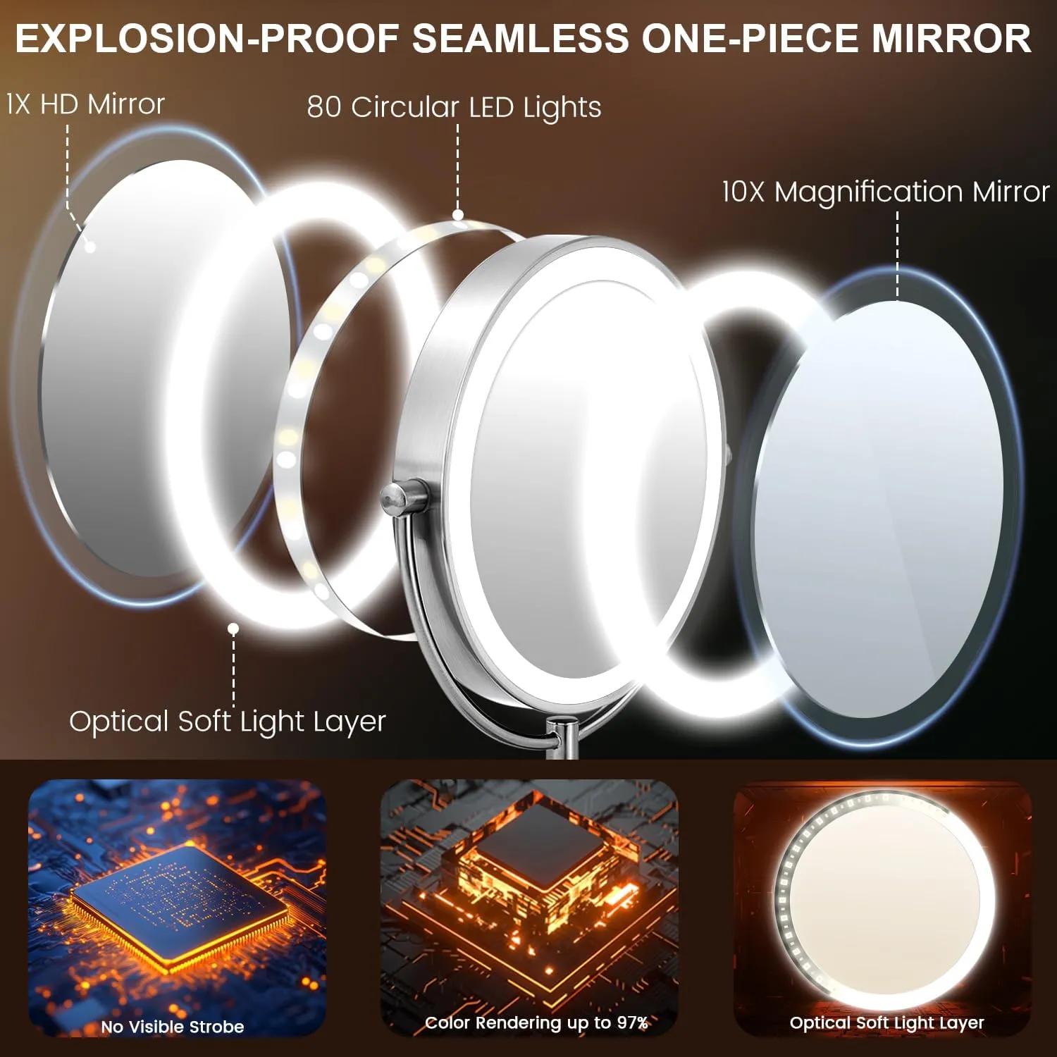 VESAUR 1X15X HD Lighted Makeup Mirror, 9" Large 5000mAh Rechargeable Double Sided Magnifying Mirror with 3 Touch Dimmable Light, 360°Rotation Detachable for Travel Vanity Mirror, Pearl Nickel, Gifts