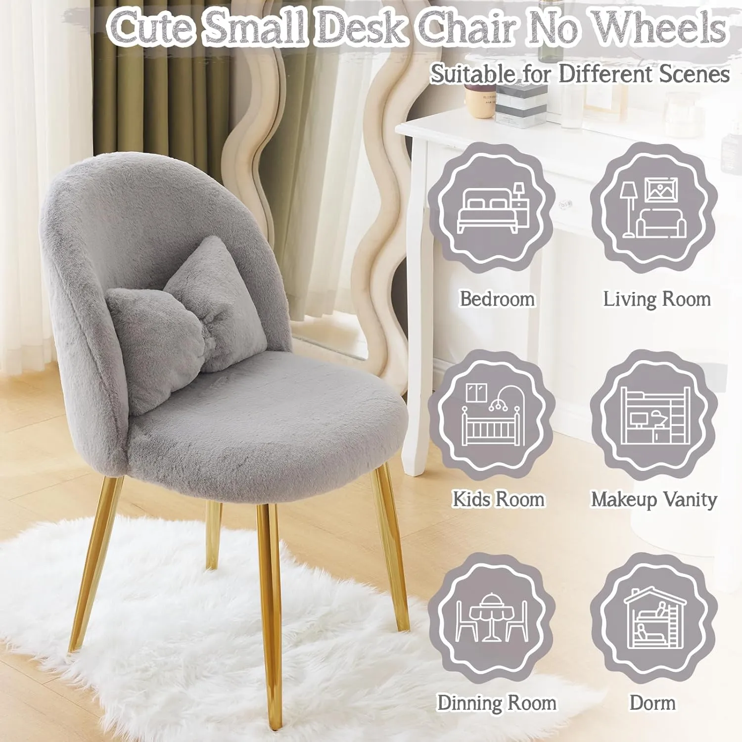 VINGLI Fluffy Girls Vanity Chair with Back & Pillow,Cute Small Cozy Desk Chair No Wheels,Comfy Makeup Ch with Ajustable Gold Legs,for Bedroom,Living Room,Small Space,Grey