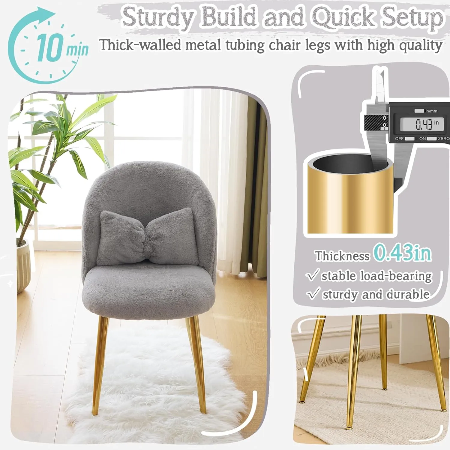 VINGLI Fluffy Girls Vanity Chair with Back & Pillow,Cute Small Cozy Desk Chair No Wheels,Comfy Makeup Ch with Ajustable Gold Legs,for Bedroom,Living Room,Small Space,Grey