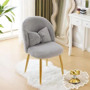VINGLI Fluffy Girls Vanity Chair with Back & Pillow,Cute Small Cozy Desk Chair No Wheels,Comfy Makeup Ch with Ajustable Gold Legs,for Bedroom,Living Room,Small Space,Grey