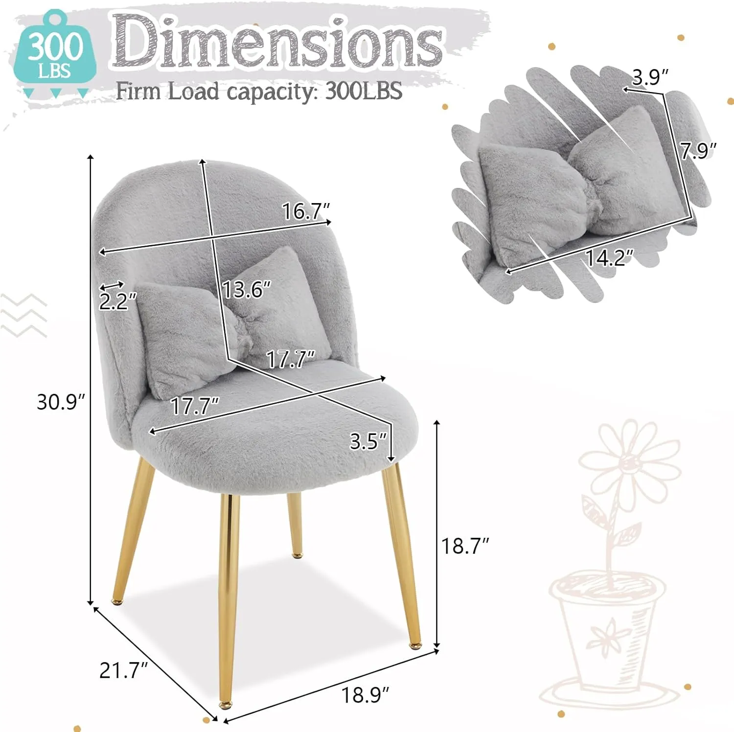 VINGLI Fluffy Girls Vanity Chair with Back & Pillow,Cute Small Cozy Desk Chair No Wheels,Comfy Makeup Ch with Ajustable Gold Legs,for Bedroom,Living Room,Small Space,Grey
