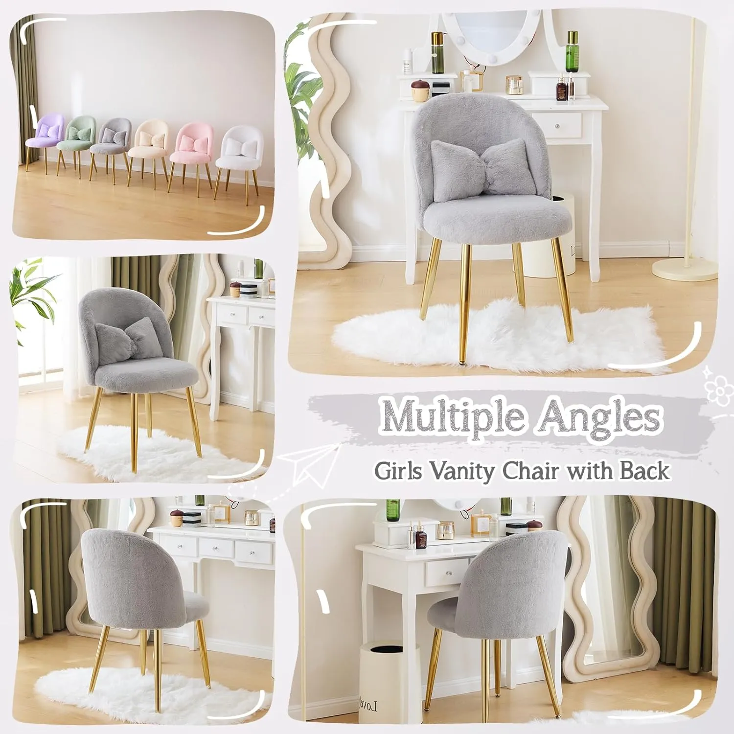 VINGLI Fluffy Girls Vanity Chair with Back & Pillow,Cute Small Cozy Desk Chair No Wheels,Comfy Makeup Ch with Ajustable Gold Legs,for Bedroom,Living Room,Small Space,Grey