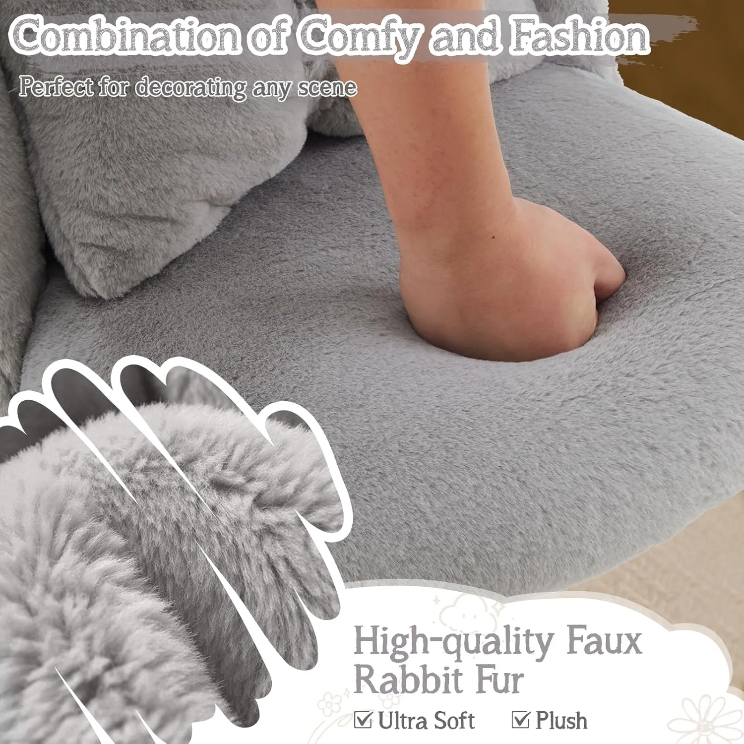 VINGLI Fluffy Girls Vanity Chair with Back & Pillow,Cute Small Cozy Desk Chair No Wheels,Comfy Makeup Ch with Ajustable Gold Legs,for Bedroom,Living Room,Small Space,Grey