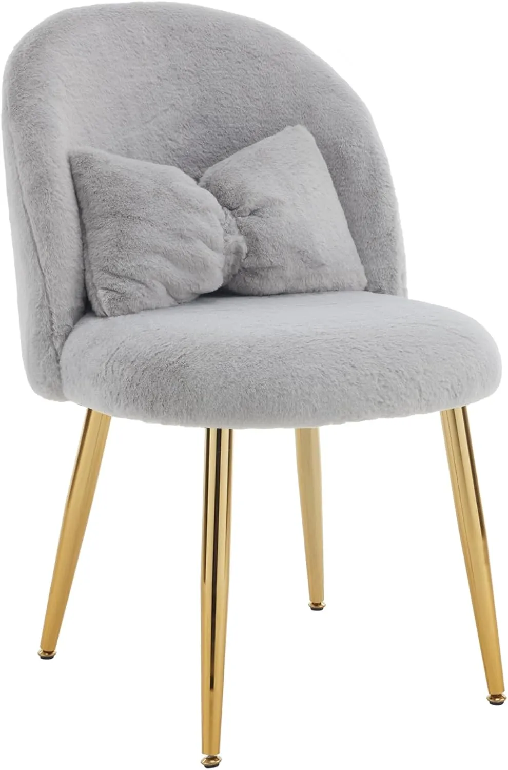 VINGLI Fluffy Girls Vanity Chair with Back & Pillow,Cute Small Cozy Desk Chair No Wheels,Comfy Makeup Ch with Ajustable Gold Legs,for Bedroom,Living Room,Small Space,Grey