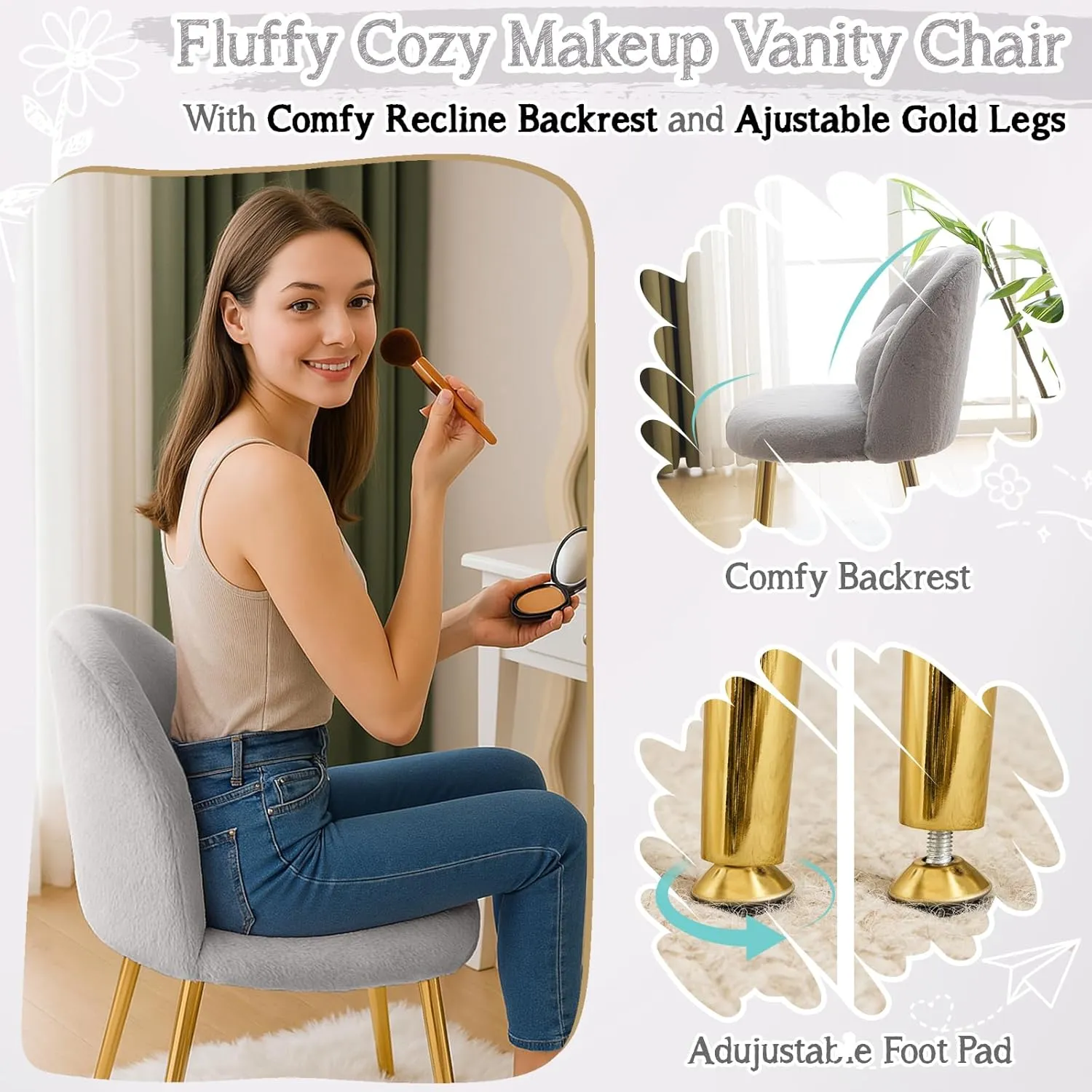VINGLI Fluffy Girls Vanity Chair with Back & Pillow,Cute Small Cozy Desk Chair No Wheels,Comfy Makeup Ch with Ajustable Gold Legs,for Bedroom,Living Room,Small Space,Grey
