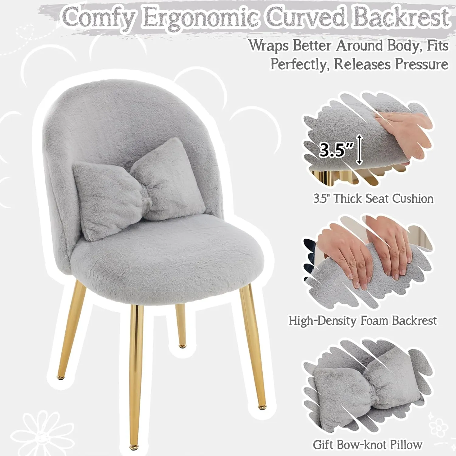 VINGLI Fluffy Girls Vanity Chair with Back & Pillow,Cute Small Cozy Desk Chair No Wheels,Comfy Makeup Ch with Ajustable Gold Legs,for Bedroom,Living Room,Small Space,Grey