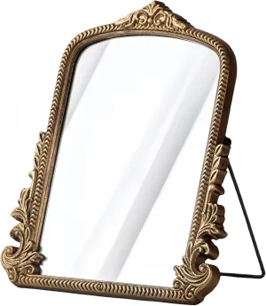 Vintage Baroque Vanity Makeup Desk Mirror, Antique Gold Arch Table Mirror, Small Decorative Standing Mirror for Dresser, Bedroom, Living Room, 11.8" x 9.6"