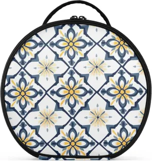 Vintage Symmetrical Pattern Round Makeup Bag for Women, Travel Cosmetic Organizer Bag with Adjustable Dividers Portable Artist Makeup Bags for Cosmetics Jewelry Accessories