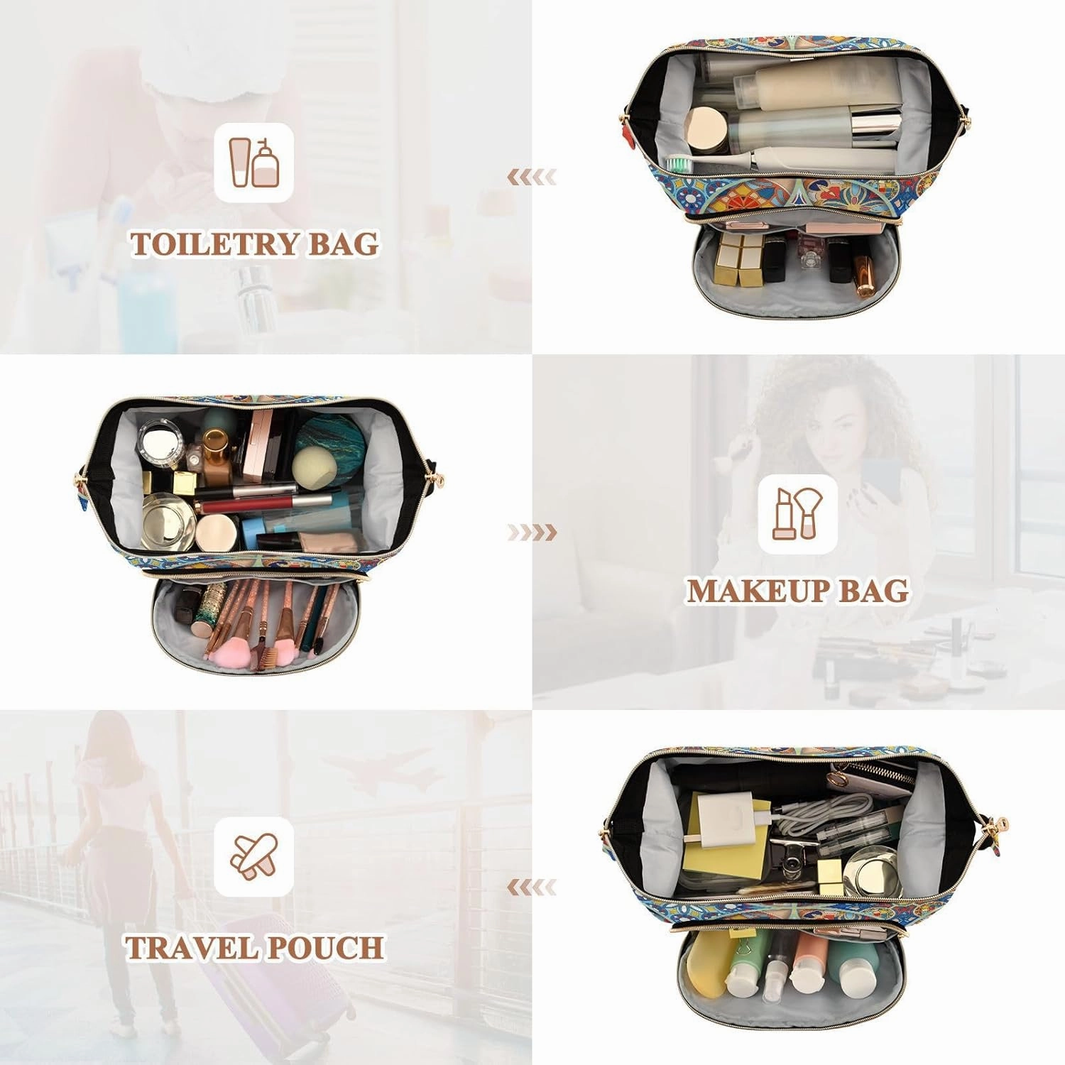 Vintage Mandala Floral Pattern Tribal Elements Ethnic Motifs Women Cosmetic Bag Makeup Bag Stylish Trip Beauty Bag Travel Toiletry Bag with Bottle Organizer 10.2 x 5.9 x 6.7 inch