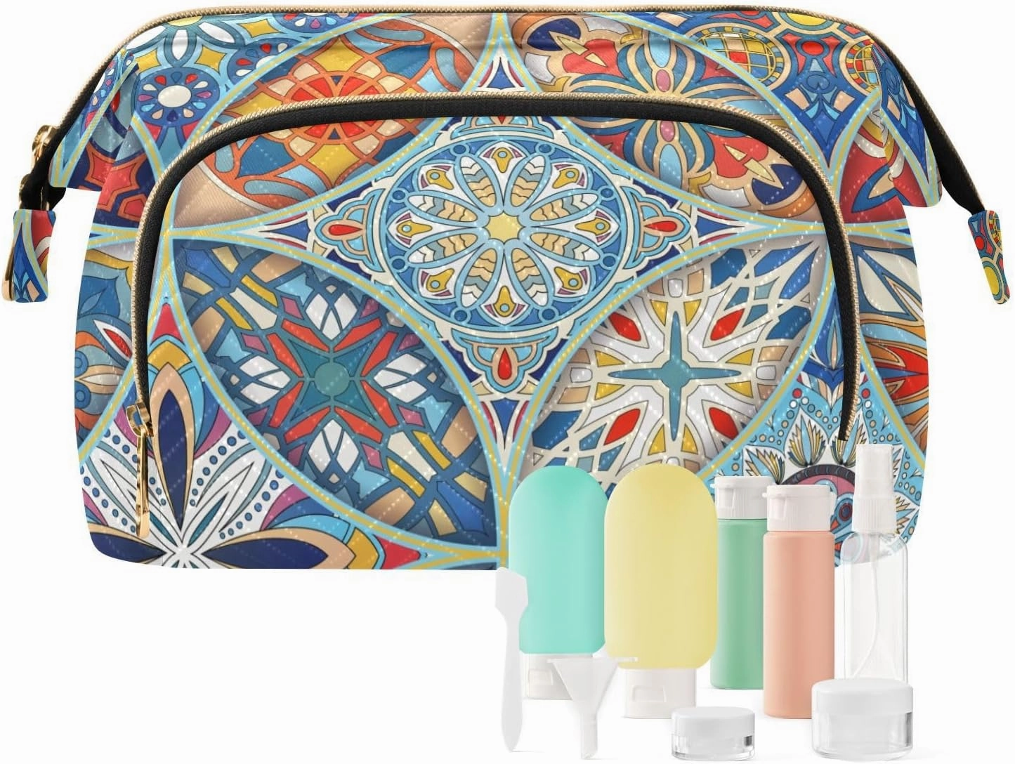 Vintage Mandala Floral Pattern Tribal Elements Ethnic Motifs Women Cosmetic Bag Makeup Bag Stylish Trip Beauty Bag Travel Toiletry Bag with Bottle Organizer 10.2 x 5.9 x 6.7 inch
