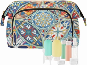 Vintage Mandala Floral Pattern Tribal Elements Ethnic Motifs Women Cosmetic Bag Makeup Bag Stylish Trip Beauty Bag Travel Toiletry Bag with Bottle Organizer 10.2 x 5.9 x 6.7 inch