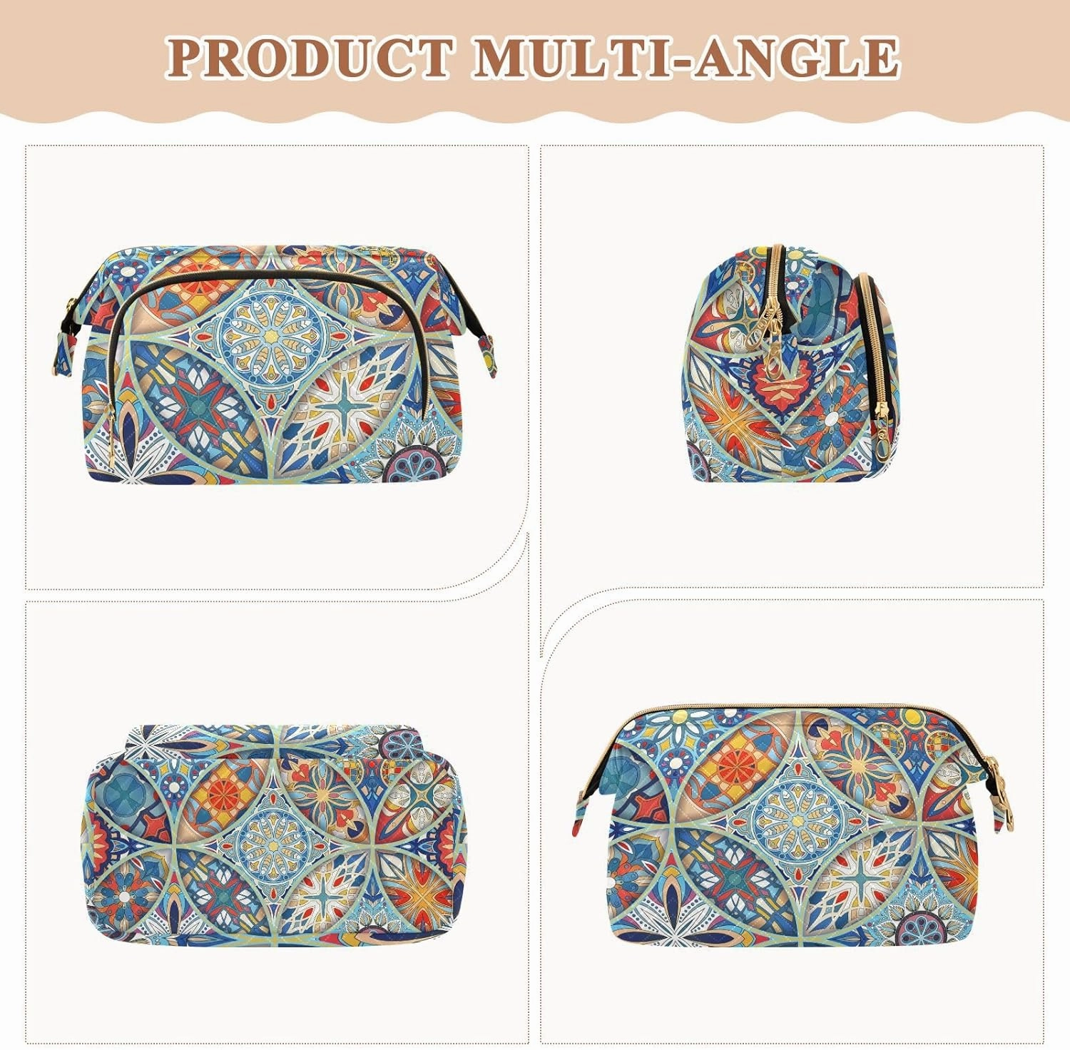 Vintage Mandala Floral Pattern Tribal Elements Ethnic Motifs Women Cosmetic Bag Makeup Bag Stylish Trip Beauty Bag Travel Toiletry Bag with Bottle Organizer 10.2 x 5.9 x 6.7 inch