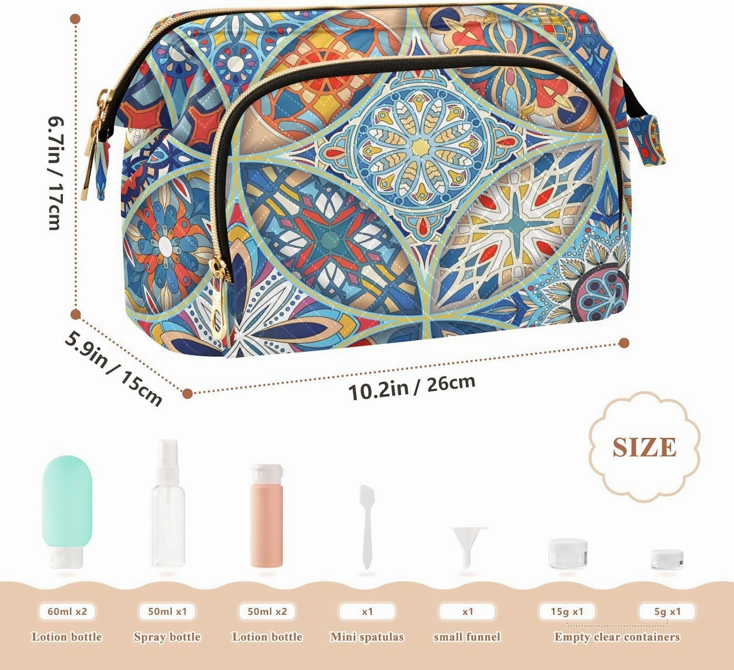 Vintage Mandala Floral Pattern Tribal Elements Ethnic Motifs Women Cosmetic Bag Makeup Bag Stylish Trip Beauty Bag Travel Toiletry Bag with Bottle Organizer 10.2 x 5.9 x 6.7 inch