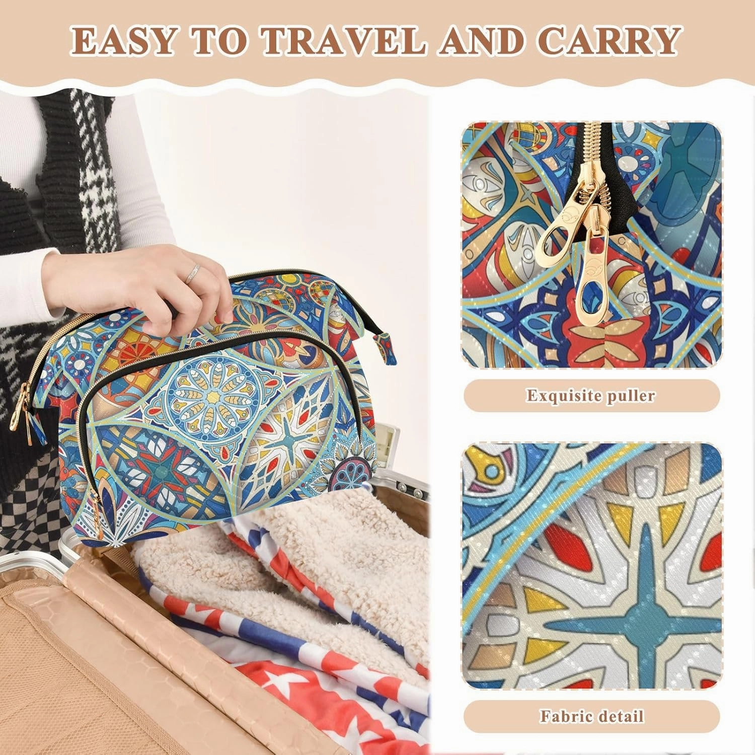 Vintage Mandala Floral Pattern Tribal Elements Ethnic Motifs Women Cosmetic Bag Makeup Bag Stylish Trip Beauty Bag Travel Toiletry Bag with Bottle Organizer 10.2 x 5.9 x 6.7 inch