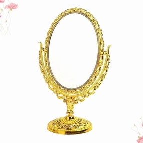 Vintage Metal Desktop Mirror Vintage Metal Desktop Mirror Makeup Mirror, Retro European Style Two Sided Swivel Oval Mirror for Home Bathroom Bedroom 1pcs (Golden) Makeup Mirror