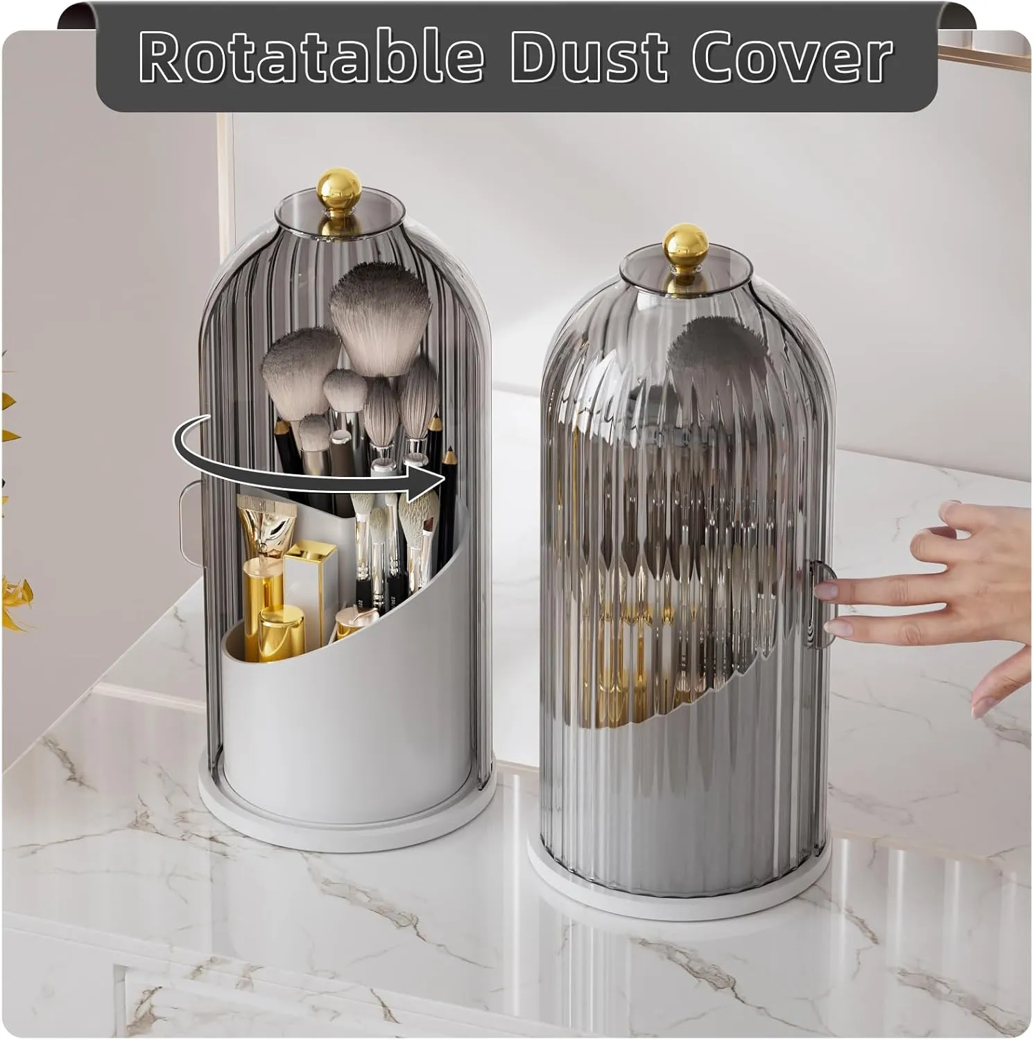 VITVITI Makeup Brush Holder Organizer with Lid, 360 Rotating Clear Make up Brush Organizer for Vanity Countertop, Bathroom Cosmetic Tools Holder with Dustproof Cover, Plastic (Gray)