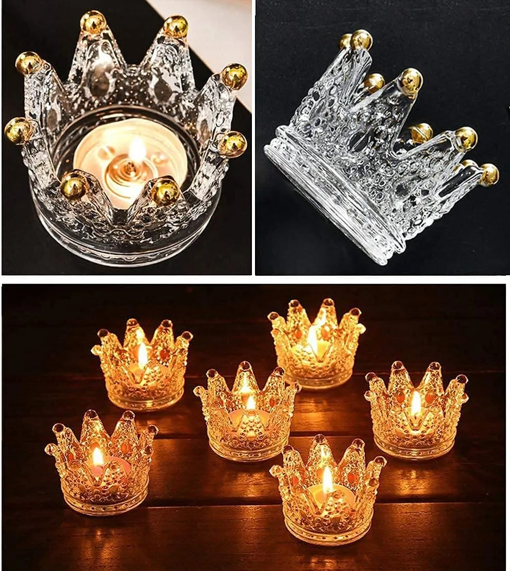Vixdonos Votive Candle Holders Set of 6 Crown Glass Tealight Candle Holder for Wedding, Party and Home Decor (Gold Tips)