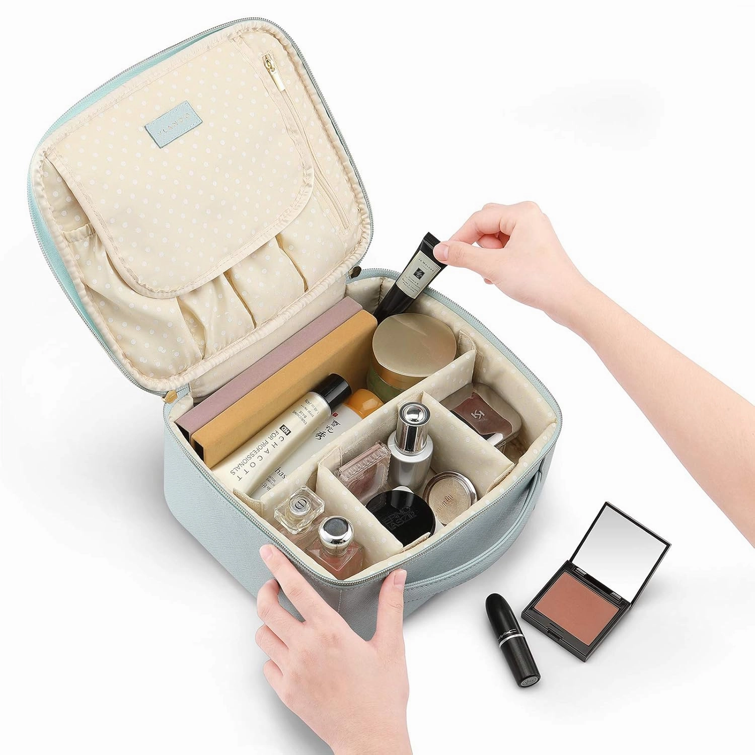 Vlando Travel Makeup Bag Faux Leather Large Make Up Bag Makeup Organzier Bag for Women with Adjustable Dividers for Makeup Brushes Travel Accessories (Blue)