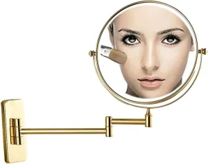 Wall Mirror, Wall Mounted Makeup Mirror with Magnification, Makeup Mirror for Bathroom, Two-Sided Extendable, 360 Degree Swivel, Extendable Arm, Round, No Light, Gold (Color : 6in, Size : 10x)