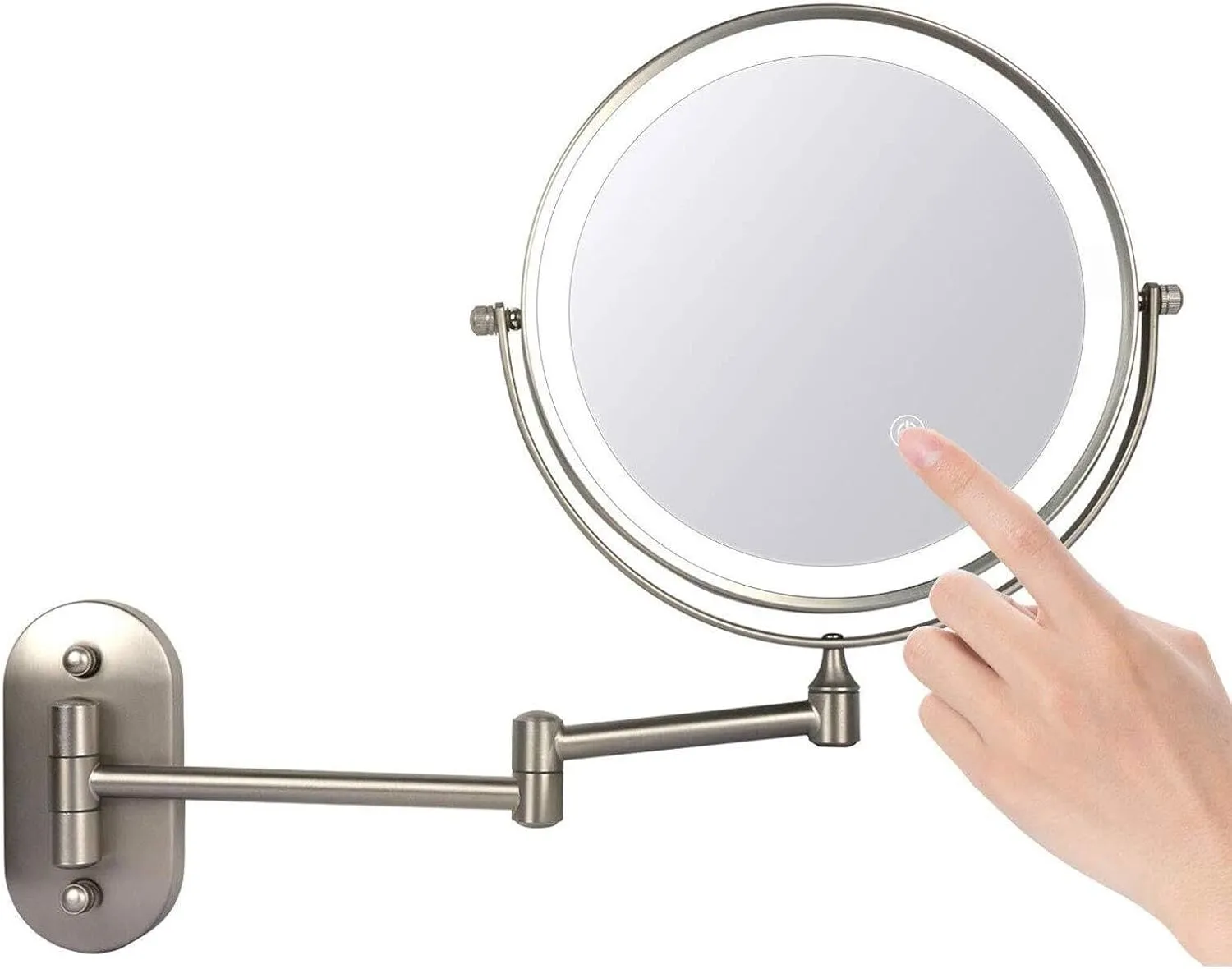 Wall-Mounted 7X Magnifying Makeup Mirror with LED Lights, 360° Rotation, Nickel Finish