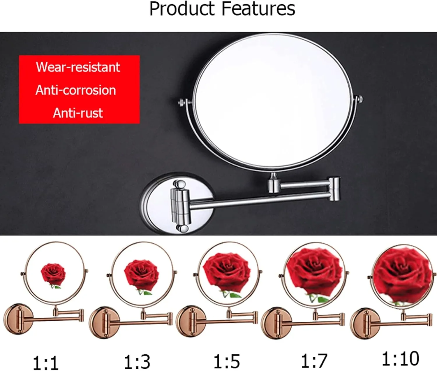 Wall Mounted Makeup Mirror, Bathroom Mirrors, Makeup Vanity Mirrors, 360 Rotation Extendable Magnification Ratio Double Sided for Bathroom Hotel Shaving Mirror (Silver White 8inches 10x)