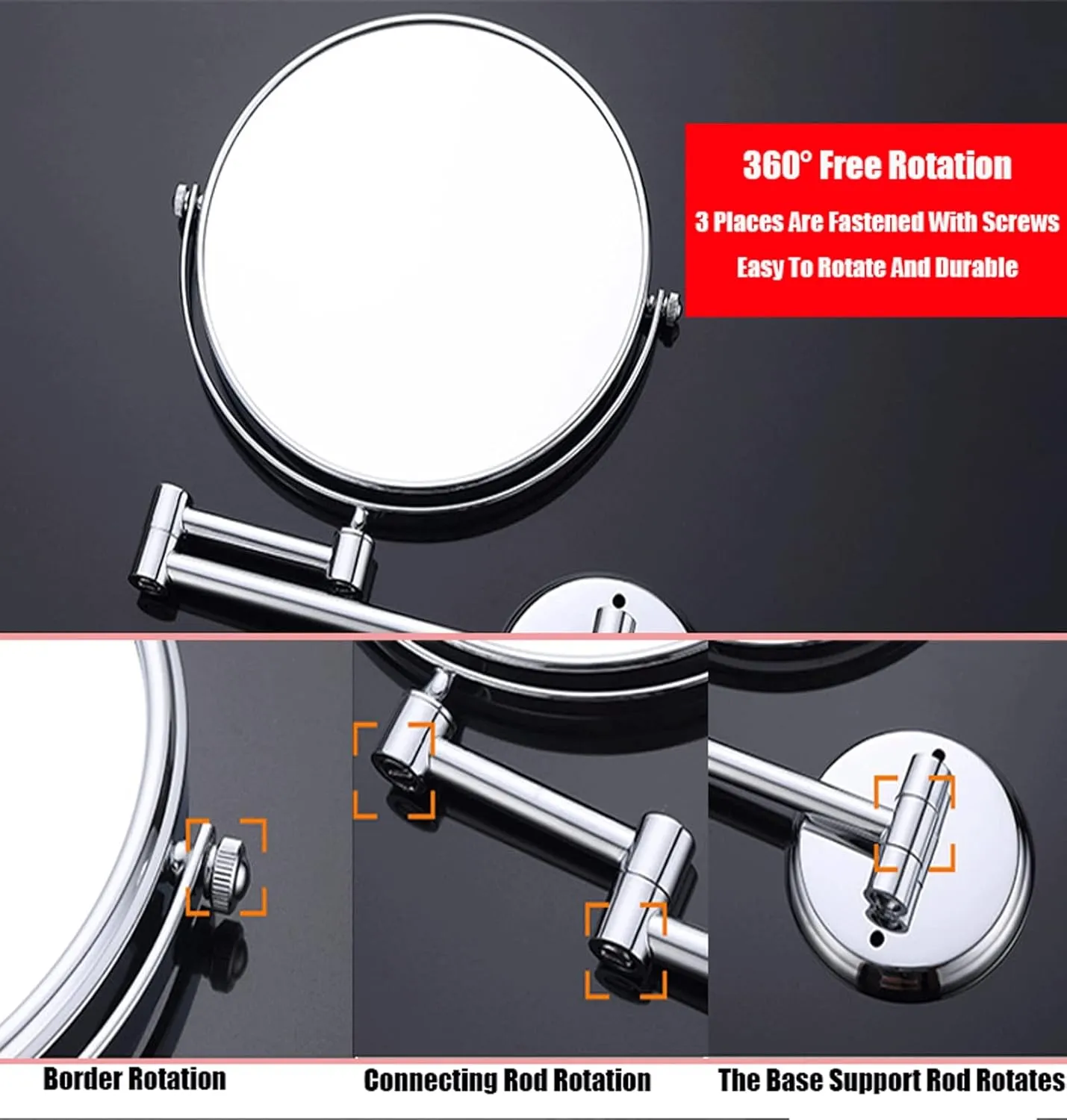 Wall Mounted Makeup Mirror, Bathroom Mirrors, Makeup Vanity Mirrors, 360 Rotation Extendable Magnification Ratio Double Sided for Bathroom Hotel Shaving Mirror (Silver White 8inches 10x)