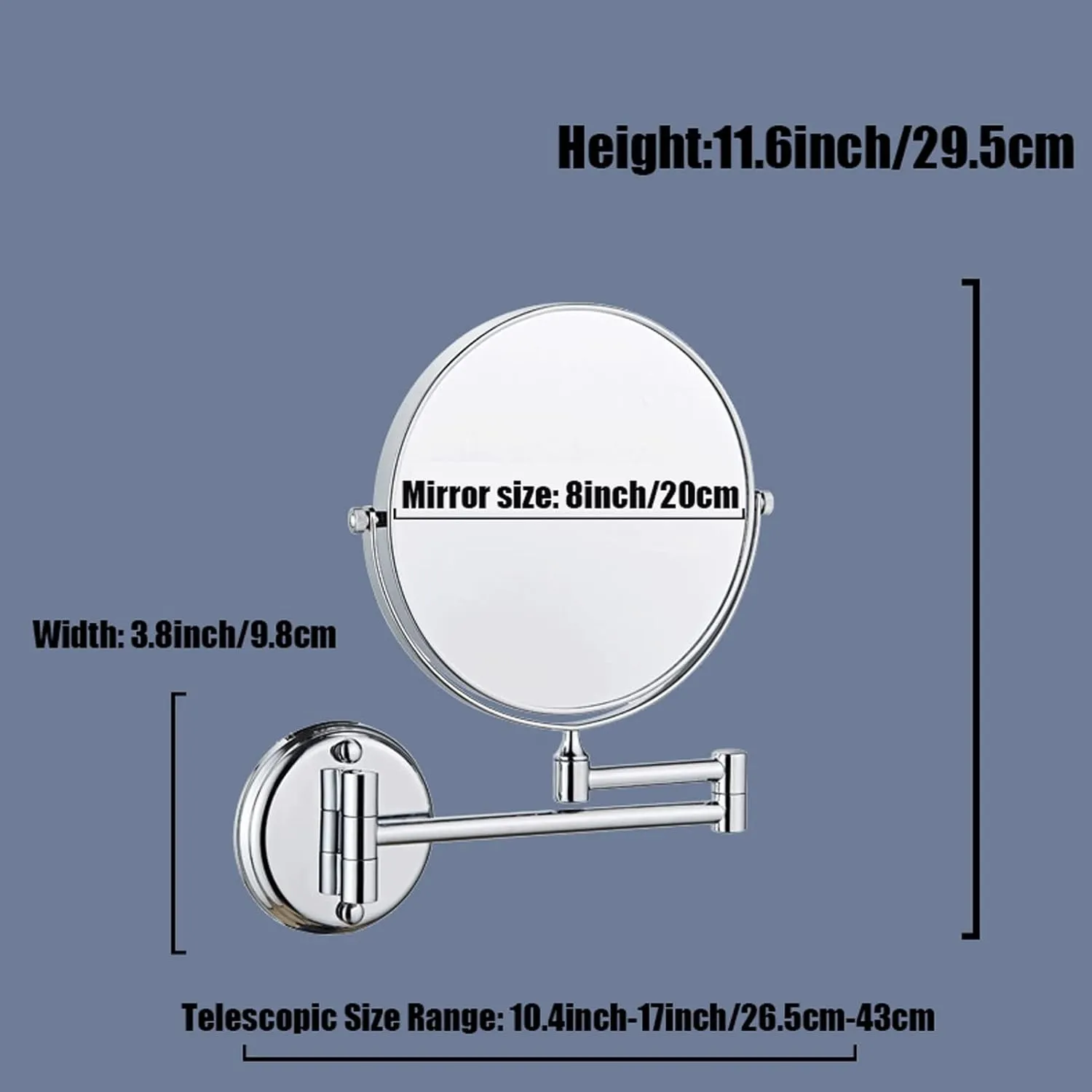 Wall Mounted Makeup Mirror, Bathroom Mirrors, Makeup Vanity Mirrors, 360 Rotation Extendable Magnification Ratio Double Sided for Bathroom Hotel Shaving Mirror (Silver White 8inches 10x)