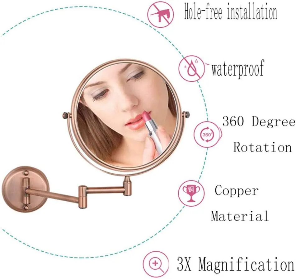 Wall Mounted Makeup Mirror with 3X Magnification, Makeup Mirror for Girls, 6 Inches, 360 Degree Swivel, Two-Sided Extendable, Bathroom and Hotel, Chrome Finish, Made of Brass
