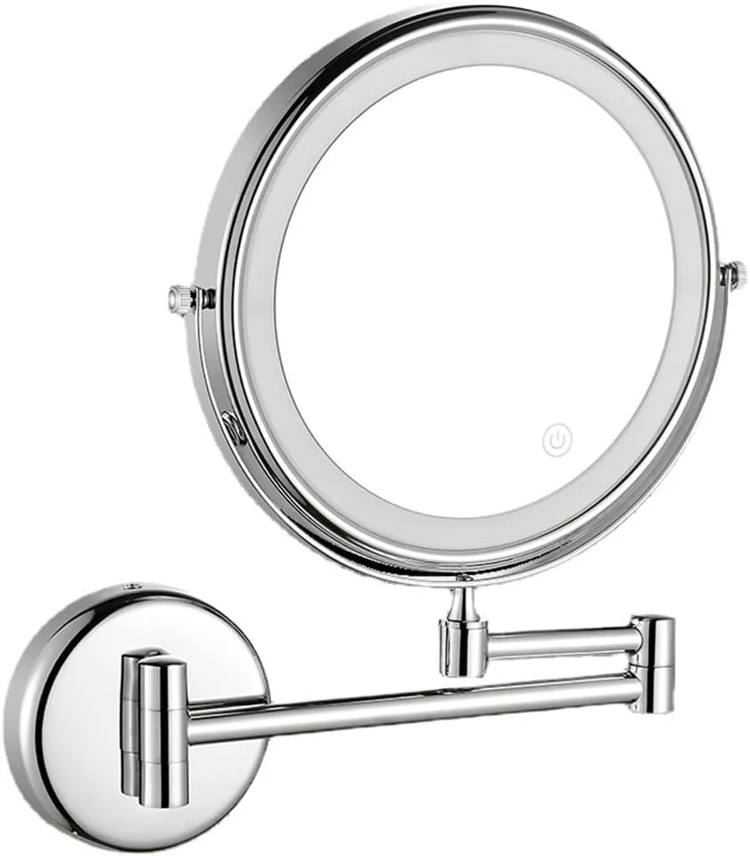 Wall Mounted Makeup Mirror with Lights - 8 Inch Double Sided Magnifying Led Vanity Mirror with 3 Color Lights - 360°Swivel Extendable Touch Screen Bathroom Shaving Mirror, 5X