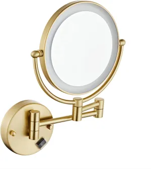 Wall Mounted Makeup Mirror with Lights, Bathroom Mirrors for Vanity 8 Inch, Cosmetic Mirror 360 Rotation Extendable Double Sided LED Lighted Shaving Mirrors (Brushed Gold Plug 5X)