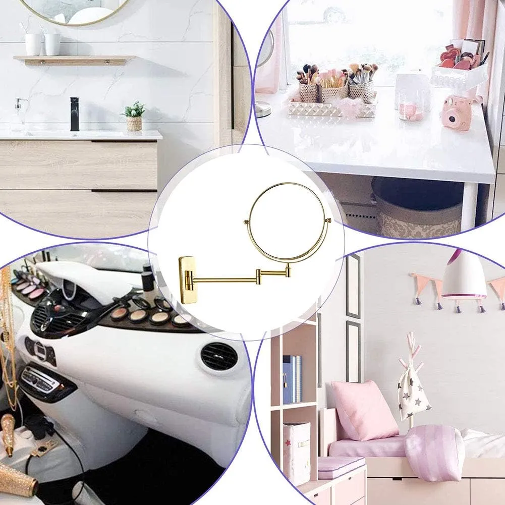 Wall Mounted Makeup Mirror with Magnification, Makeup Mirror for Bathroom, Two-Sided Extendable, 360 Degree Swivel, Extendable Arm, Round, No Light, Gold