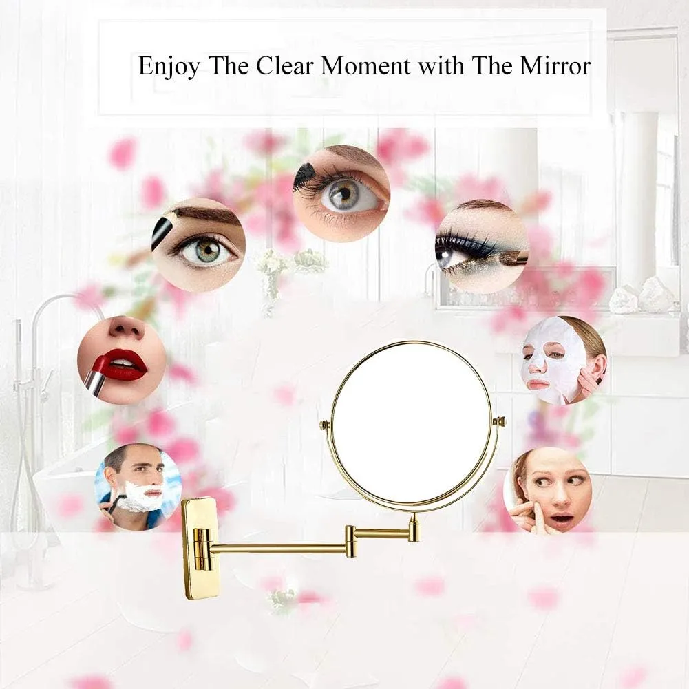 Wall Mounted Makeup Mirror with Magnification, Makeup Mirror for Bathroom, Two-Sided Extendable, 360 Degree Swivel, Extendable Arm, Round, No Light, Gold