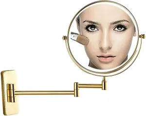Wall Mounted Makeup Mirror with Magnification, Makeup Mirror for Bathroom, Two-Sided Extendable, 360 Degree Swivel, Extendable Arm, Round, No Light, Gold