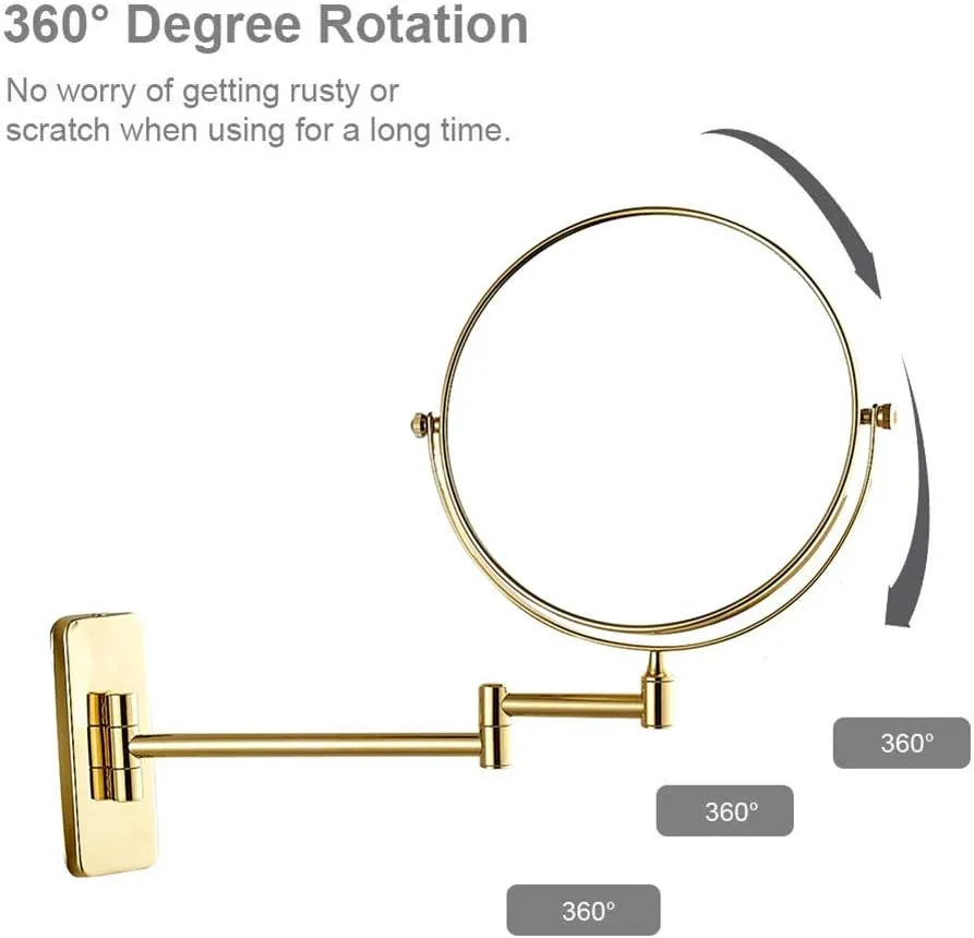 Wall Mounted Makeup Mirror with Magnification, Makeup Mirror for Bathroom, Two-Sided Extendable, 360 Degree Swivel, Extendable Arm, Round, No Light, Gold