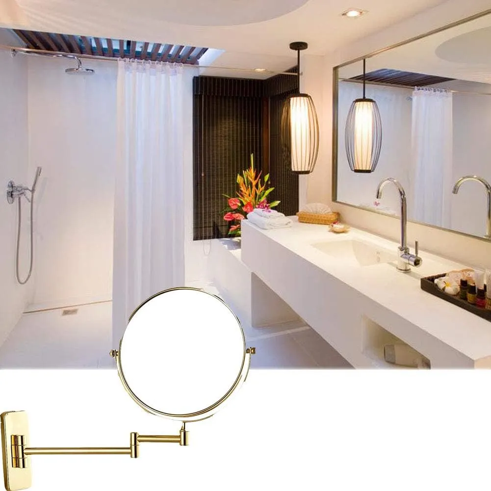 Wall Mounted Makeup Mirror with Magnification, Makeup Mirror for Bathroom, Two-Sided Extendable, 360 Degree Swivel, Extendable Arm, Round, No Light, Gold