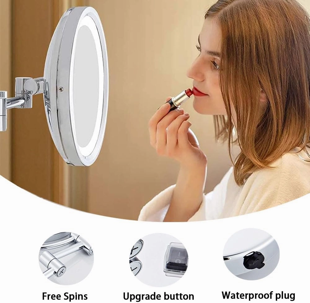 Wall Mount Makeup Mirror with Light LED Lighted 10X Magnification 8 inches，360° Swivel Extendable LED Bathroom Vanity MirrorSilver Hardwired(Brushed Gold,Hardwired)