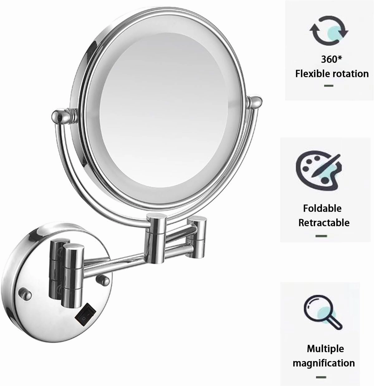 Wall Mount Makeup Mirror with Light LED Lighted 10X Magnification 8 inches，360° Swivel Extendable LED Bathroom Vanity MirrorSilver Hardwired(Brushed Gold,Hardwired)