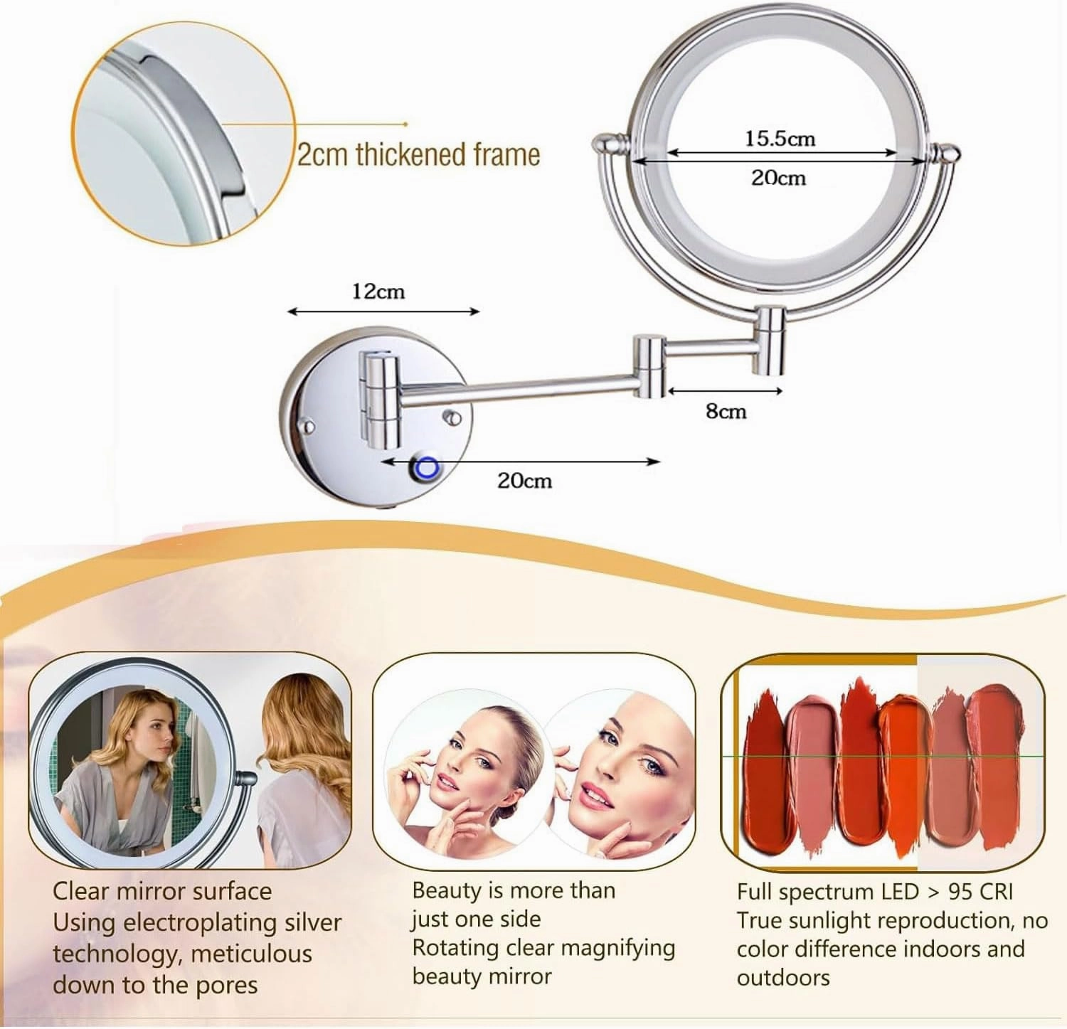 Wall Mount Makeup Mirror with Light LED Lighted 10X Magnification 8 inches，360° Swivel Extendable LED Bathroom Vanity MirrorSilver Hardwired(Brushed Gold,Hardwired)