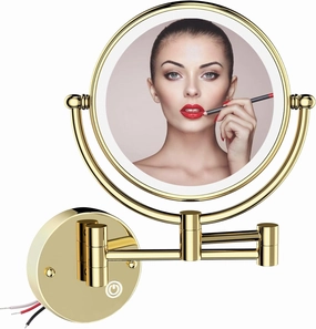 Wall Mount Makeup Mirror with Lights and Magnification, 1X and 5X Lighted Magnified Mirror for Bathroom, 8-inch Small Gold Mirrors for Wall, Brass Extension Arm, Touch Dimming, Hardwired