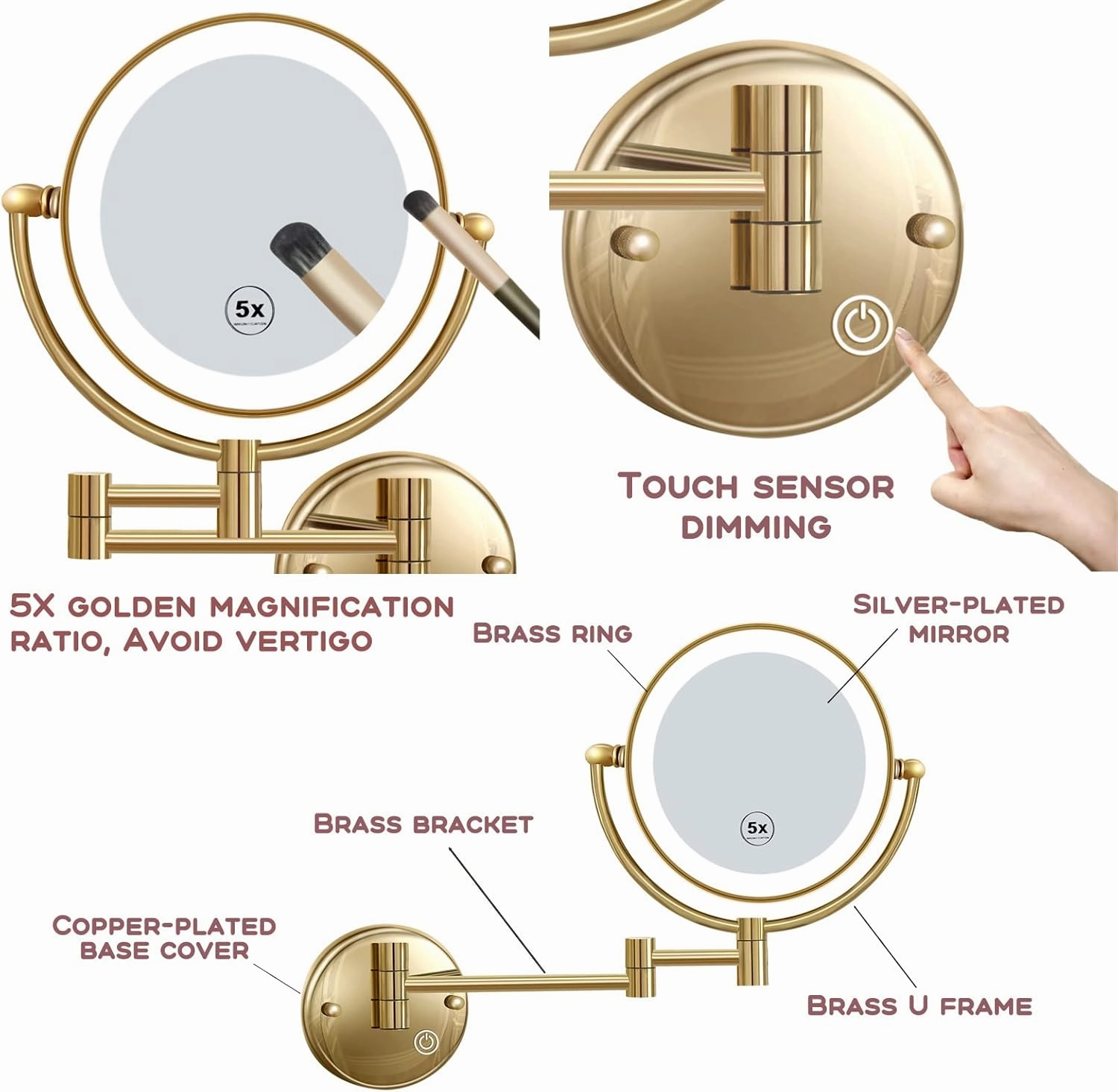 Wall Mount Makeup Mirror with Lights and Magnification, 1X and 5X Lighted Magnified Mirror for Bathroom, 8-inch Small Gold Mirrors for Wall, Brass Extension Arm, Touch Dimming, Hardwired