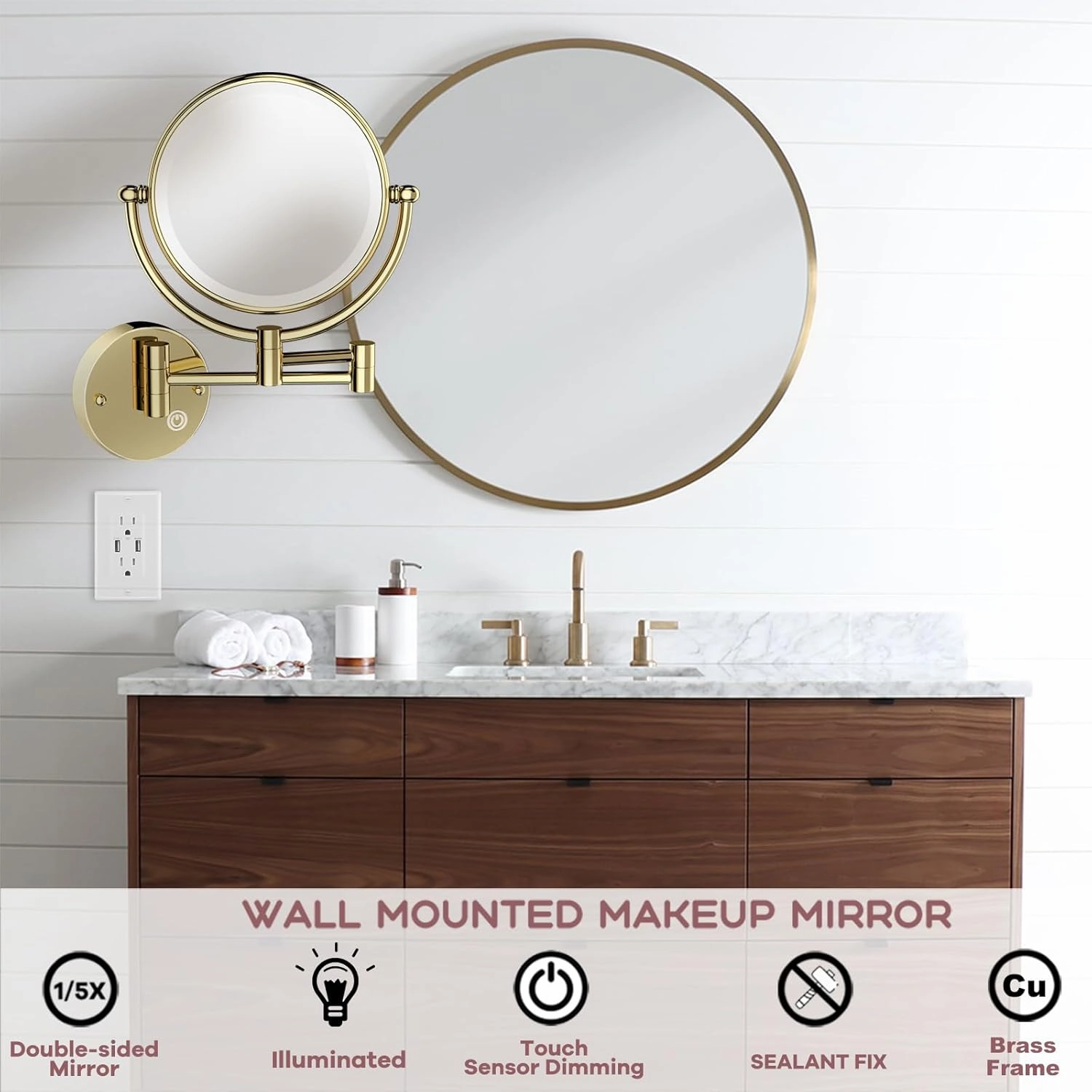 Wall Mount Makeup Mirror with Lights and Magnification, 1X and 5X Lighted Magnified Mirror for Bathroom, 8-inch Small Gold Mirrors for Wall, Brass Extension Arm, Touch Dimming, Hardwired