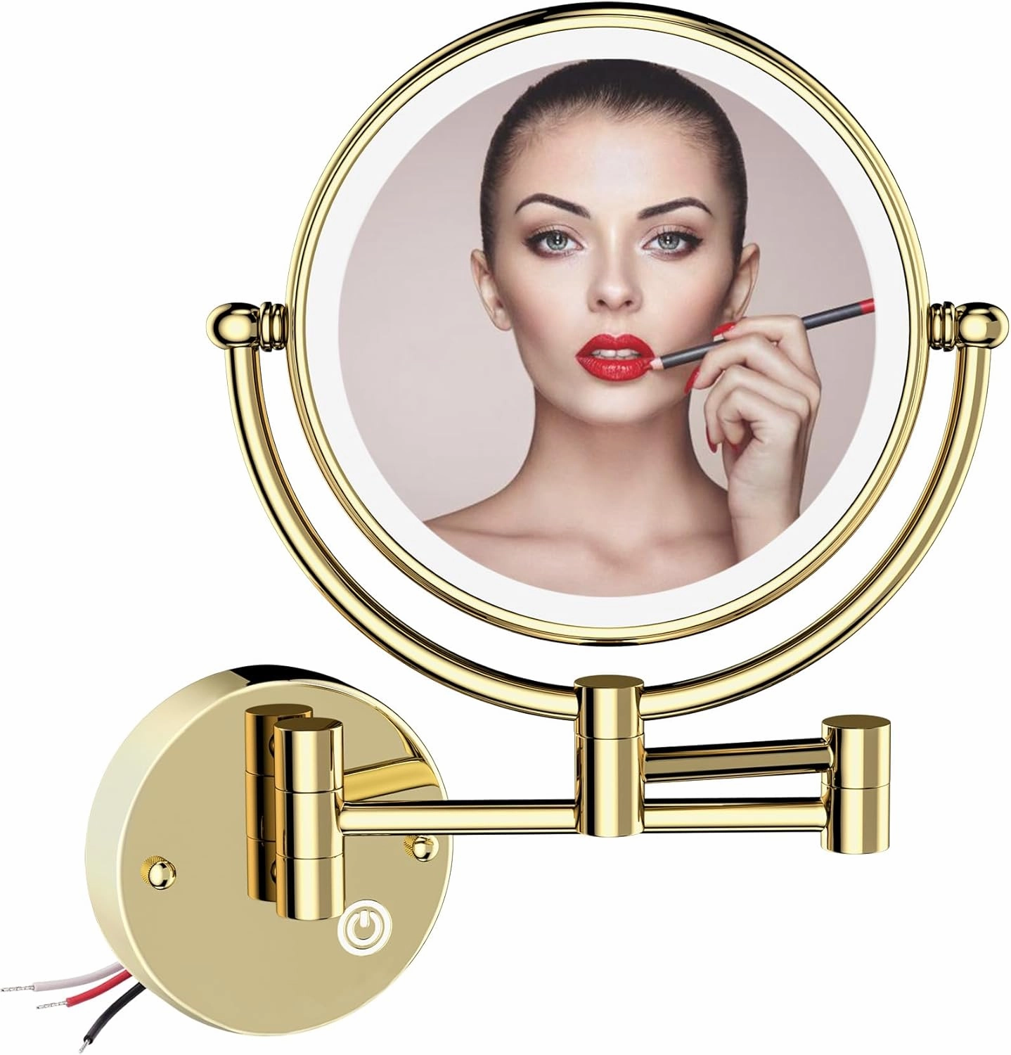 Wall Mount Makeup Mirror with Lights and Magnification, 1X and 5X Lighted Magnified Mirror for Bathroom, 8-inch Small Gold Mirrors for Wall, Brass Extension Arm, Touch Dimming, Hardwired
