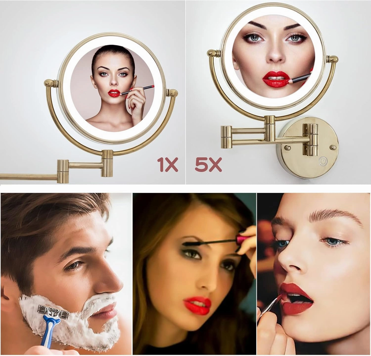 Wall Mount Makeup Mirror with Lights and Magnification, 1X and 5X Lighted Magnified Mirror for Bathroom, 8-inch Small Gold Mirrors for Wall, Brass Extension Arm, Touch Dimming, Hardwired