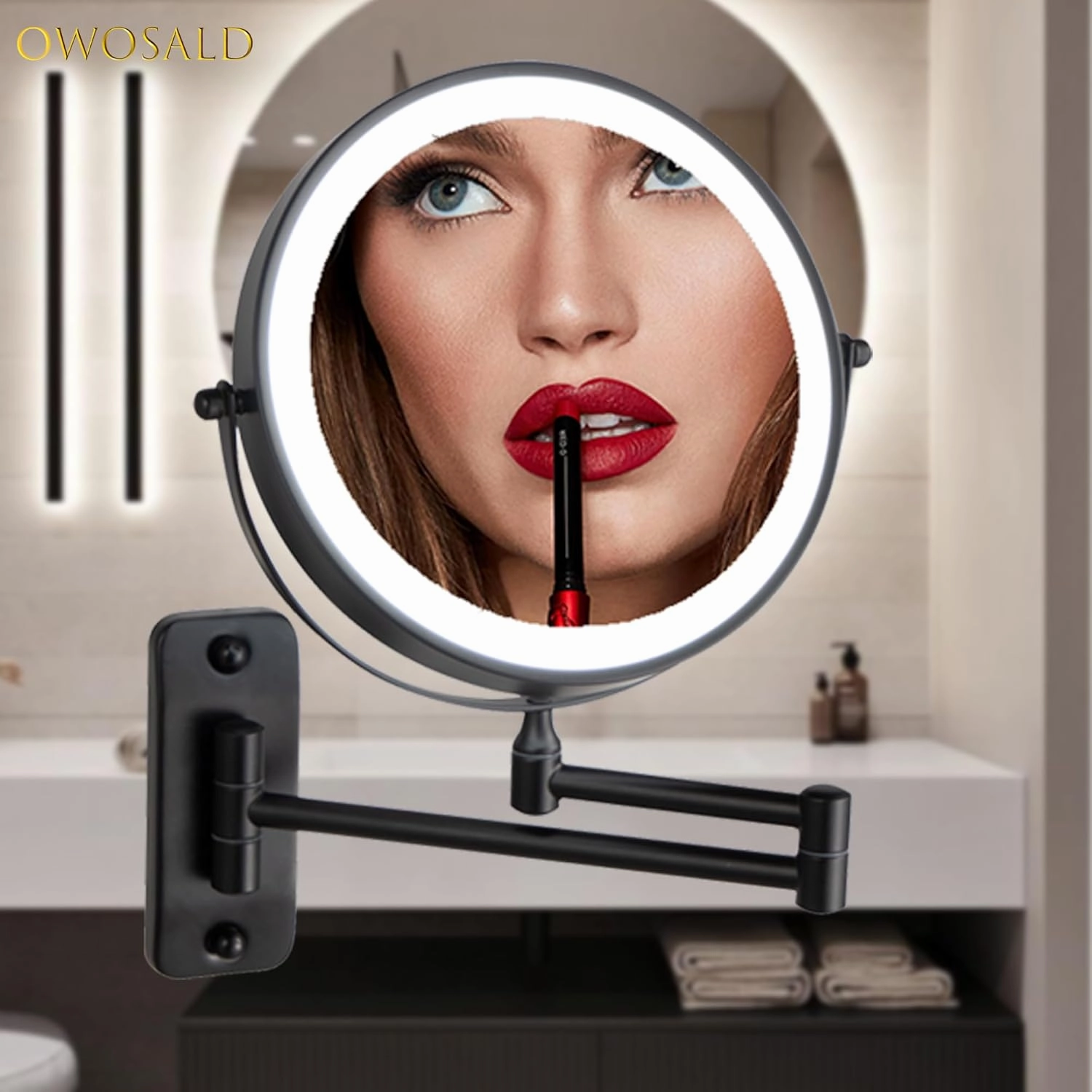 Wall Mounted Makeup Mirror, 1X/10X Magnifying, 360° Rotation, 3 Color LED Lighting, Touch Screen Dimming, Extended Arm, Black Bathroom Mirror