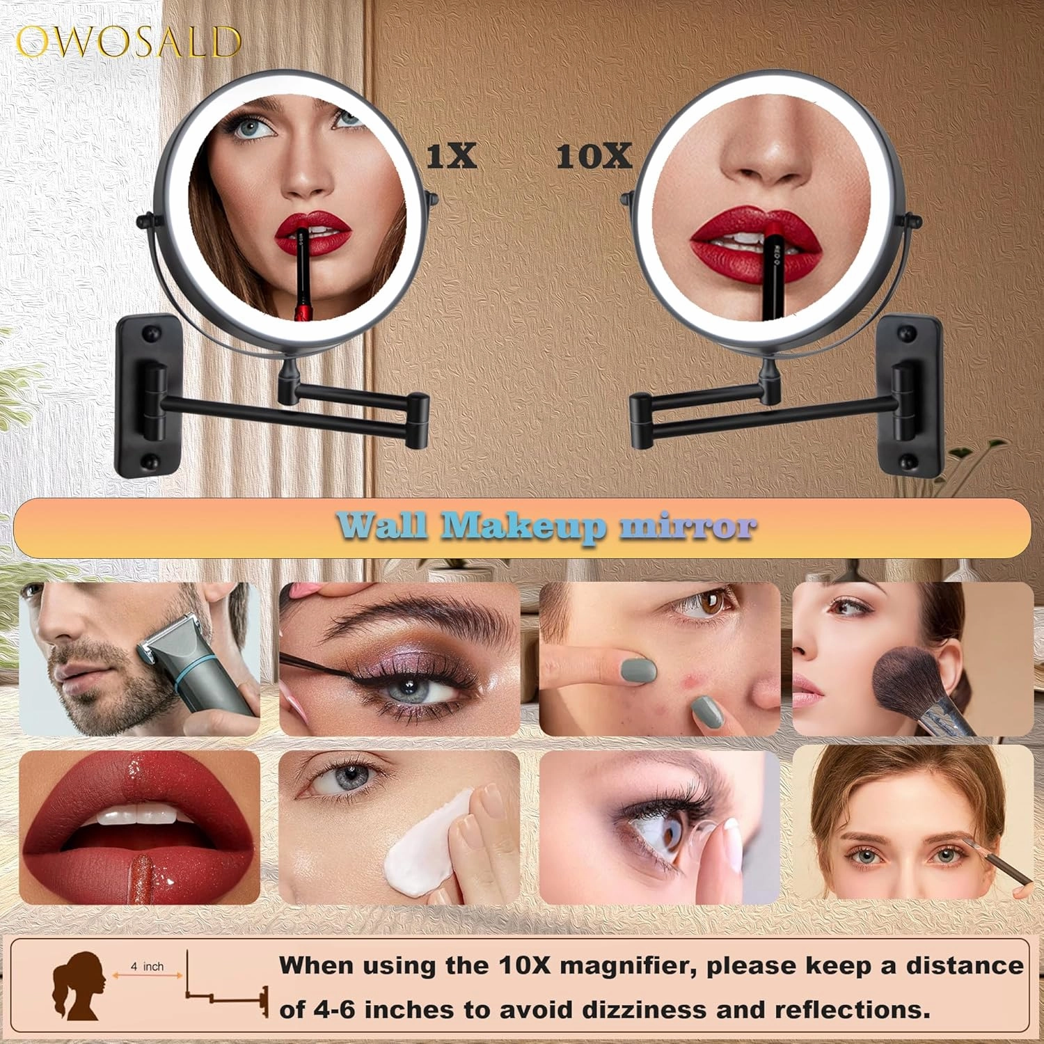 Wall Mounted Makeup Mirror, 1X/10X Magnifying, 360° Rotation, 3 Color LED Lighting, Touch Screen Dimming, Extended Arm, Black Bathroom Mirror